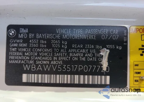 2007 BMW 328 Xi Sulev z USA, uszkodzony, nr VIN WBAWV53517P077720